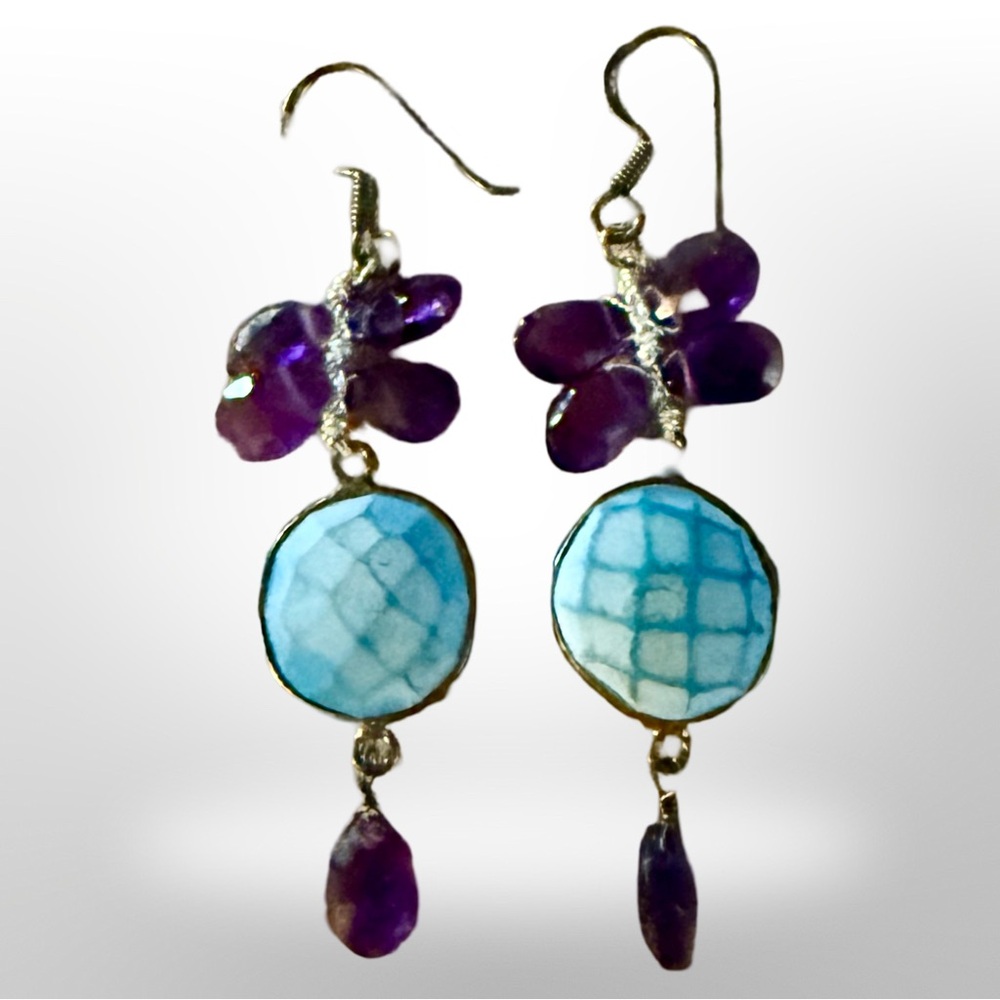 Sterling Silver & Amethyst Drop & Larimar Earrings